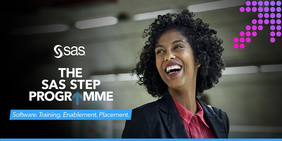 The SAS Step Programme banner of woman smiling with strapline Software. Training. Enablement. Placement.